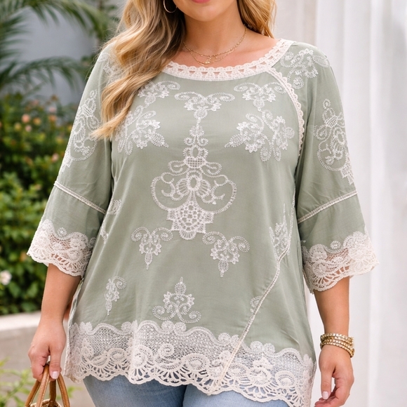 Democracy Tops - Democracy Sage Green Embroidered Peasant Top White Lace Boho Blouse - 1X EUC